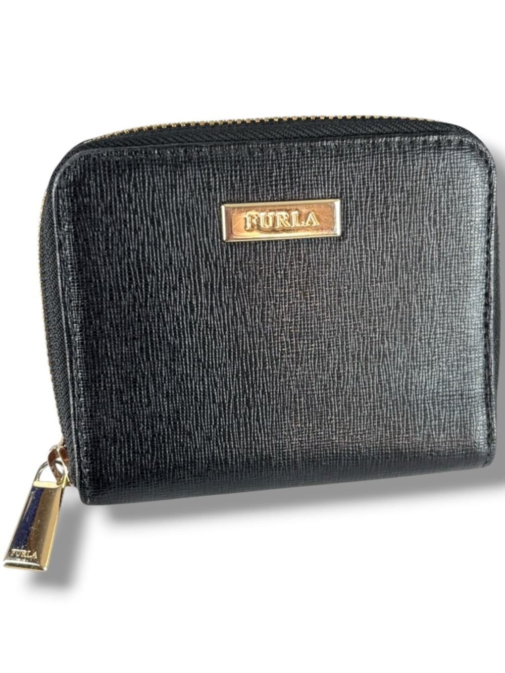 Furla Black Saffiano Leather Zip Around Wallet Womens Small Bifold Compact